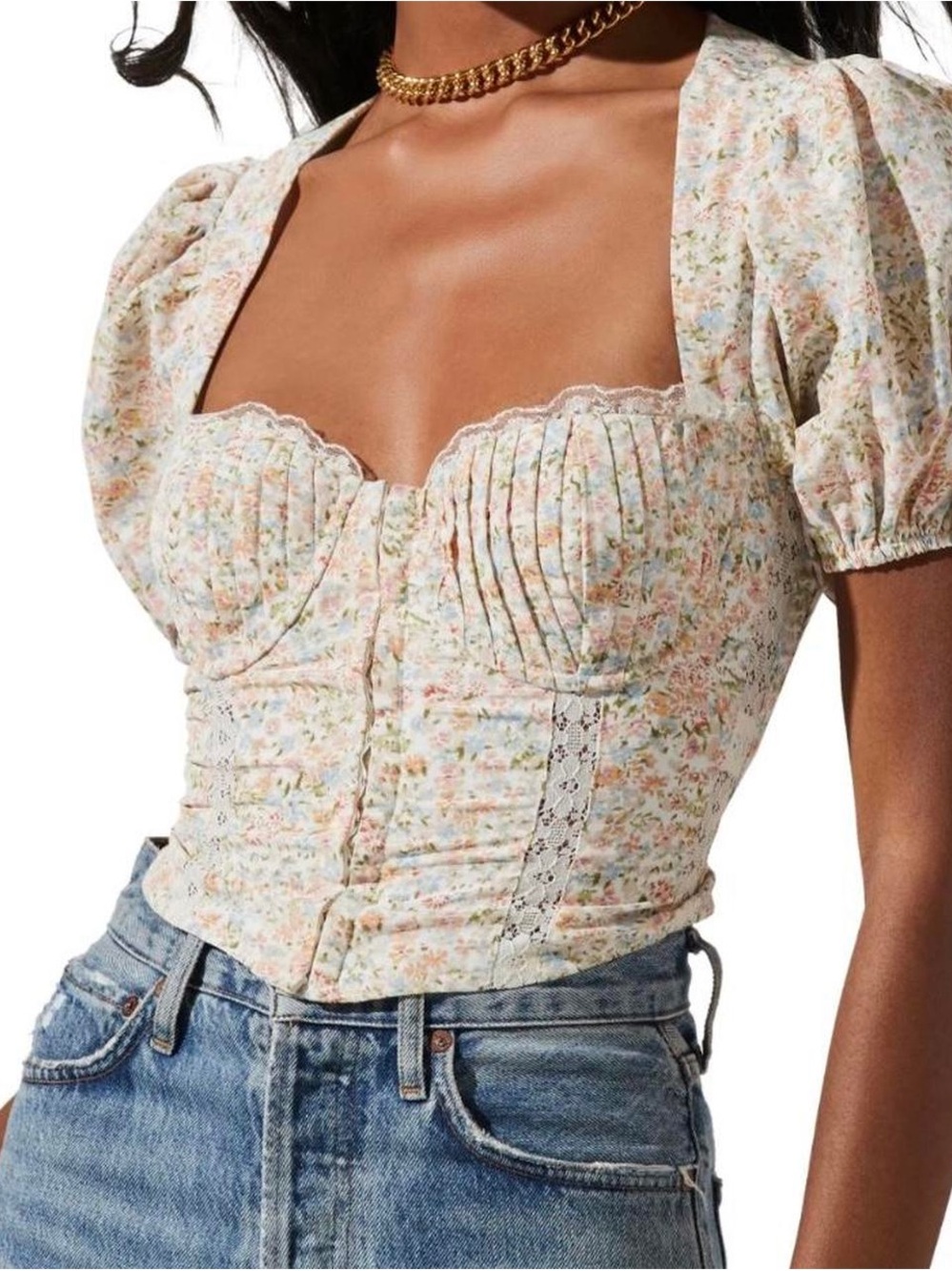 ASTR THE LABEL Floral Lace-Trim Puff Sleeve Corset Top - Cream Floral